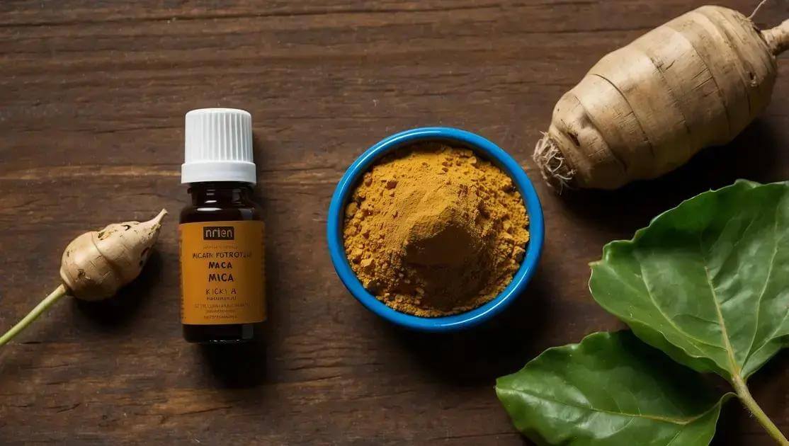 Maca peruana em diferentes formas: pó, cápsulas e extratos