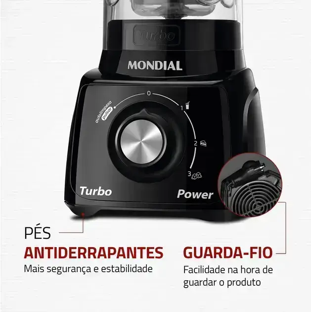 Imagem frontal do liquidificador com fundo branco simples, permitindo que o produto se destaque.